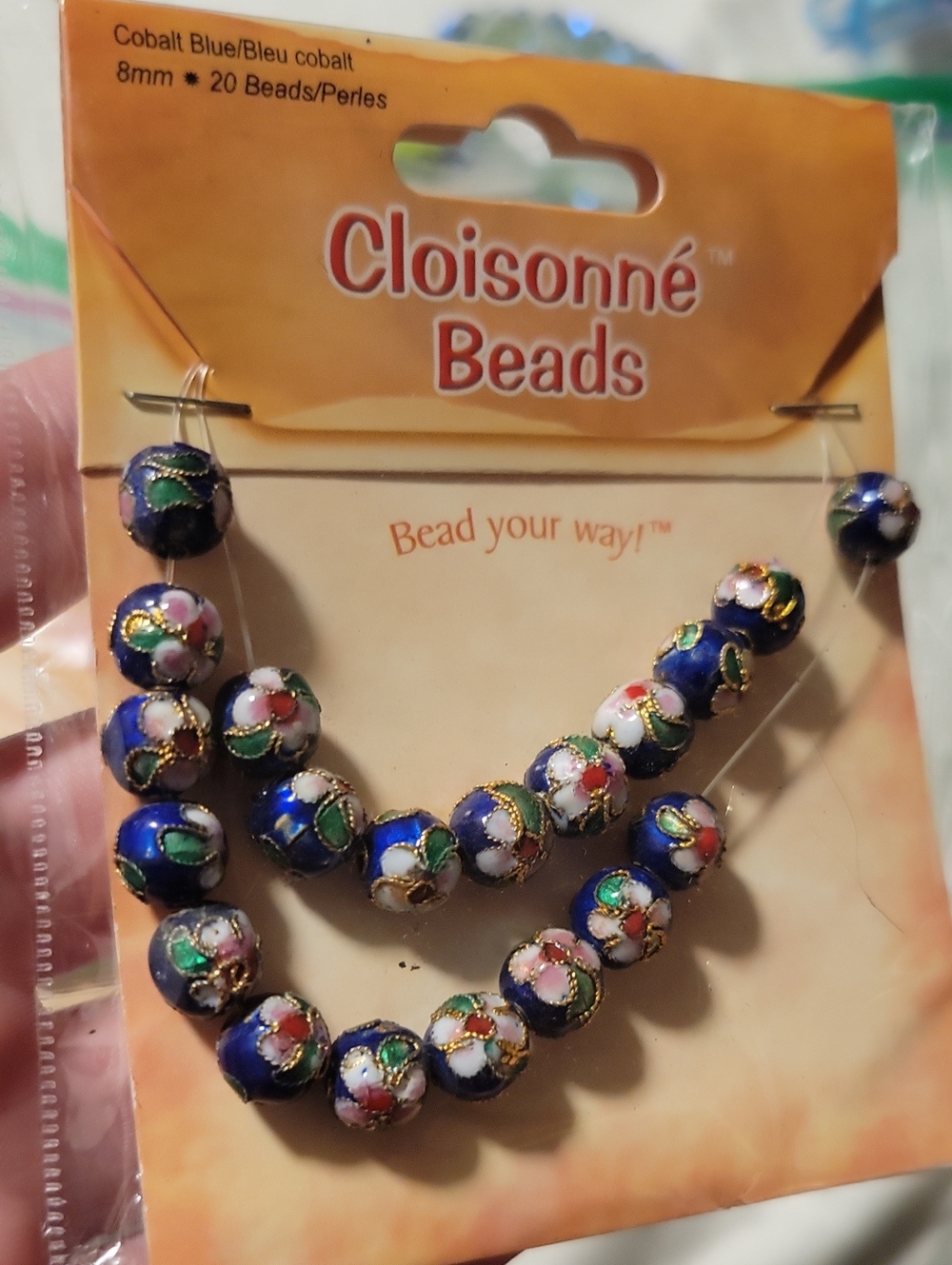 Cloisonné Floral Bead Strand - Cobaly Blue, Multicolor 3D Floral, 8mm, NWT
